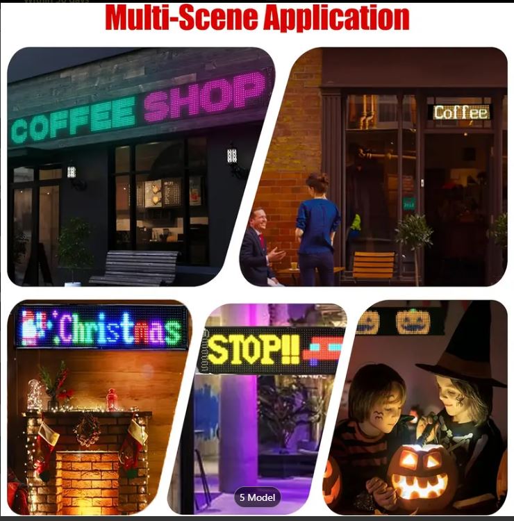 Collage of scenes including a coffee shop, people inside a building, Christmas decorations  and two children with a pumpkin, with a LED display board sign on each image,