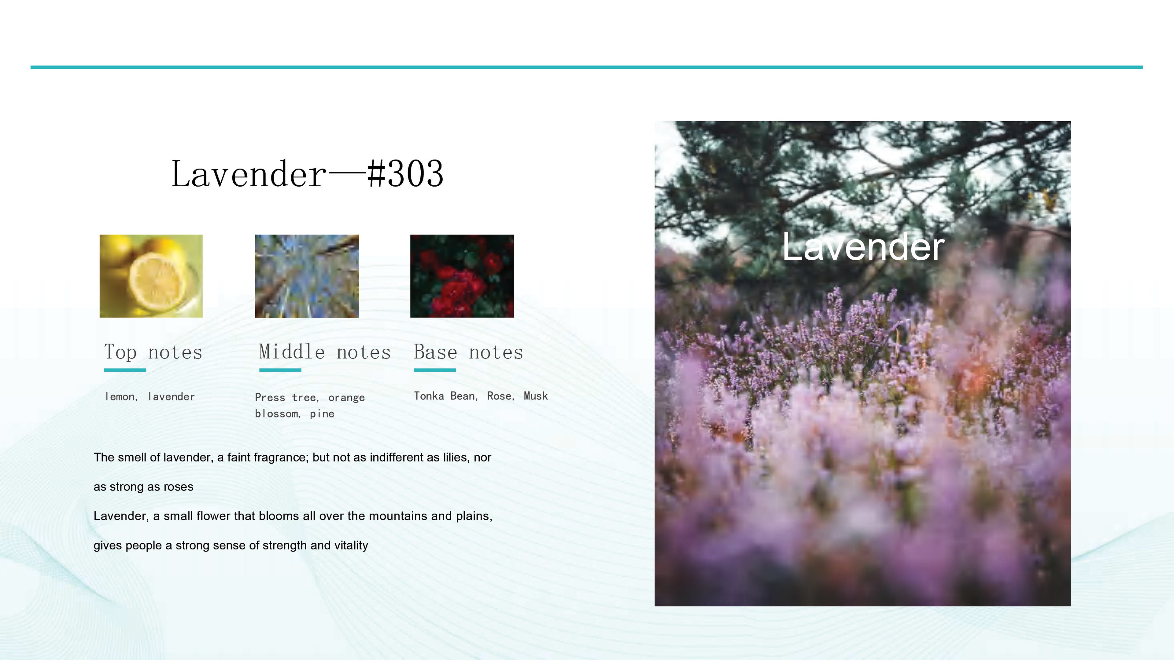 Lavender product description with floral image and notes.