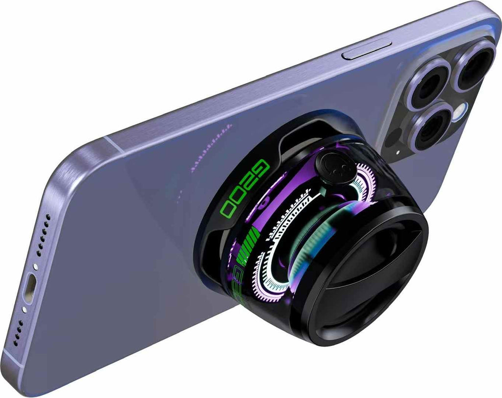 Magnetic 5W LED Bluetooth Speaker  smartphone holders on a purple smartphone with white background