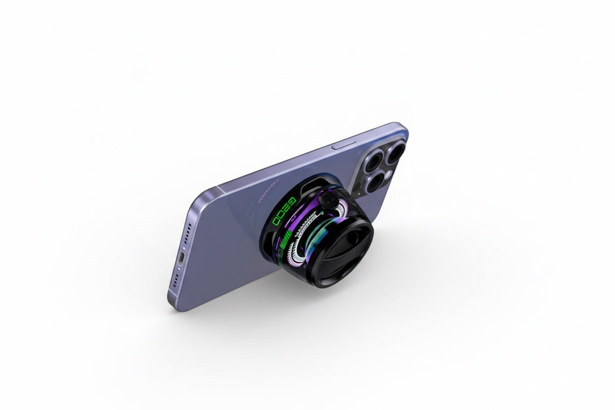 Magnetic 5W LED Bluetooth Speaker  smartphone holders on a purple smartphone with white background