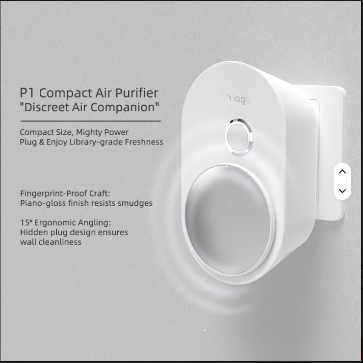 Plug-In Air Purifier on a gray background with text describing its features.