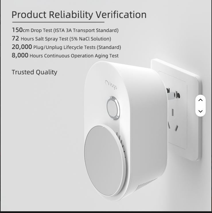 Plug In Air Ionizer with certification text on a light gray background