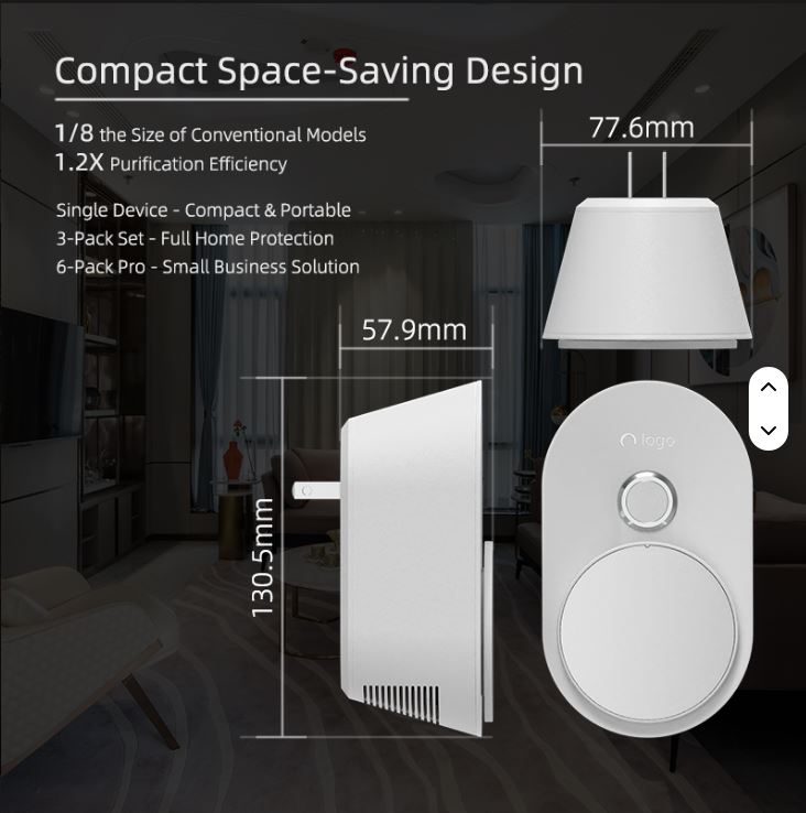 Compact Plug-In Air Ionizer purifier with dimensions and features displayed on a dark background