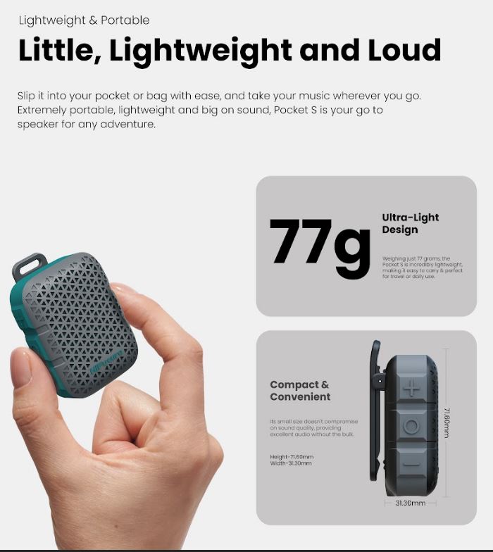 Pocket S Compact Bluetooth Speaker held in a hand with specifications displayed on a white background