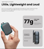 Pocket S Compact Bluetooth Speaker held in a hand with specifications displayed on a white background