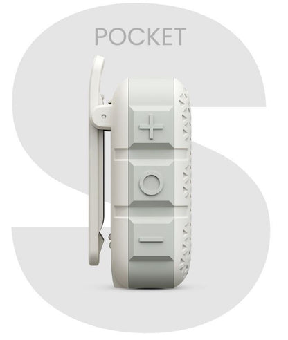 Pocket S Compact Bluetooth Speaker  device with 'POCKET' branding on a white background