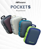 Four portable Pocket S Compact Bluetooth Speaker in different colors with 'HiFuture' branding on a white background.