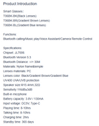 Product description text for Black Smart Bluetooth Sunglasses T06  with specifications on a white background