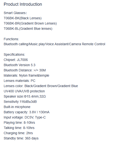 Product description text for Black Smart Bluetooth Sunglasses T06  with specifications on a white background