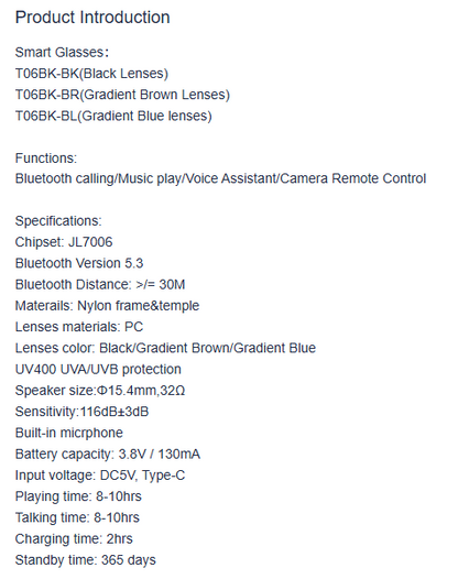Product description text for Black Smart Bluetooth Sunglasses T06  with specifications on a white background