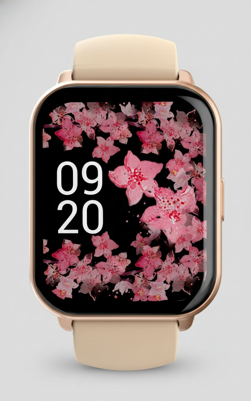 Front view Rose gold Zone 2 Smart Watch with a white band on a white background 