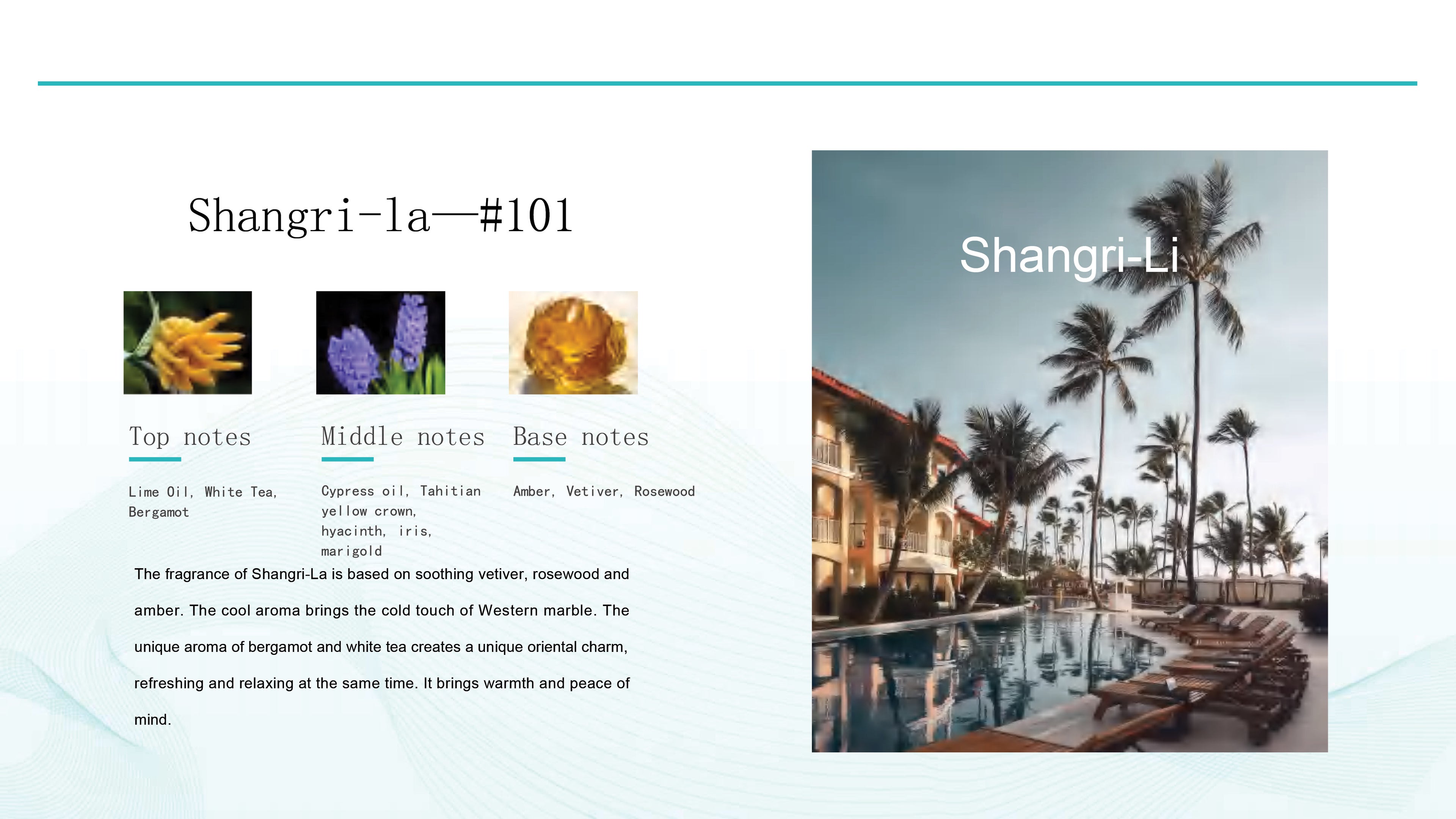 Shangri-La fragrance oil description with a scenic image of a resort and palm trees.