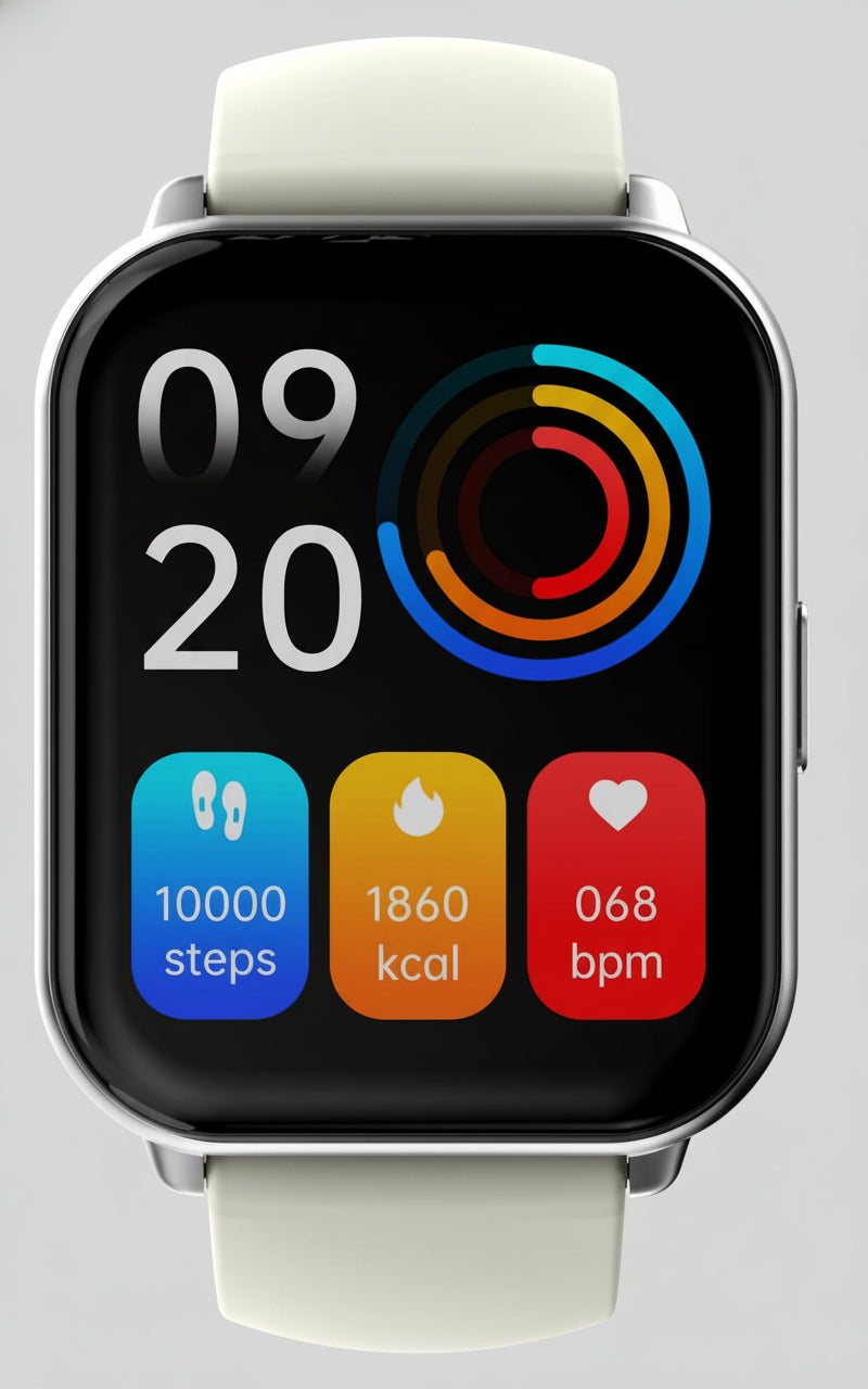 Front view Silver Zone 2 Smart Watch with a white band on a white background