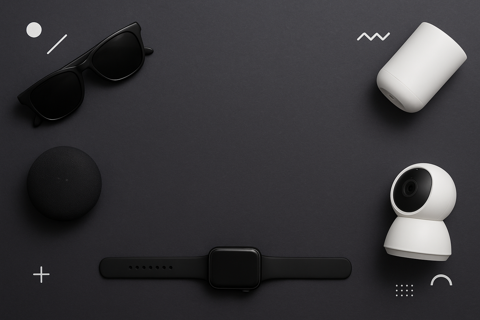 Collection of smart home devices including a watch, camera, and speakers on a dark background.  first top buyers website