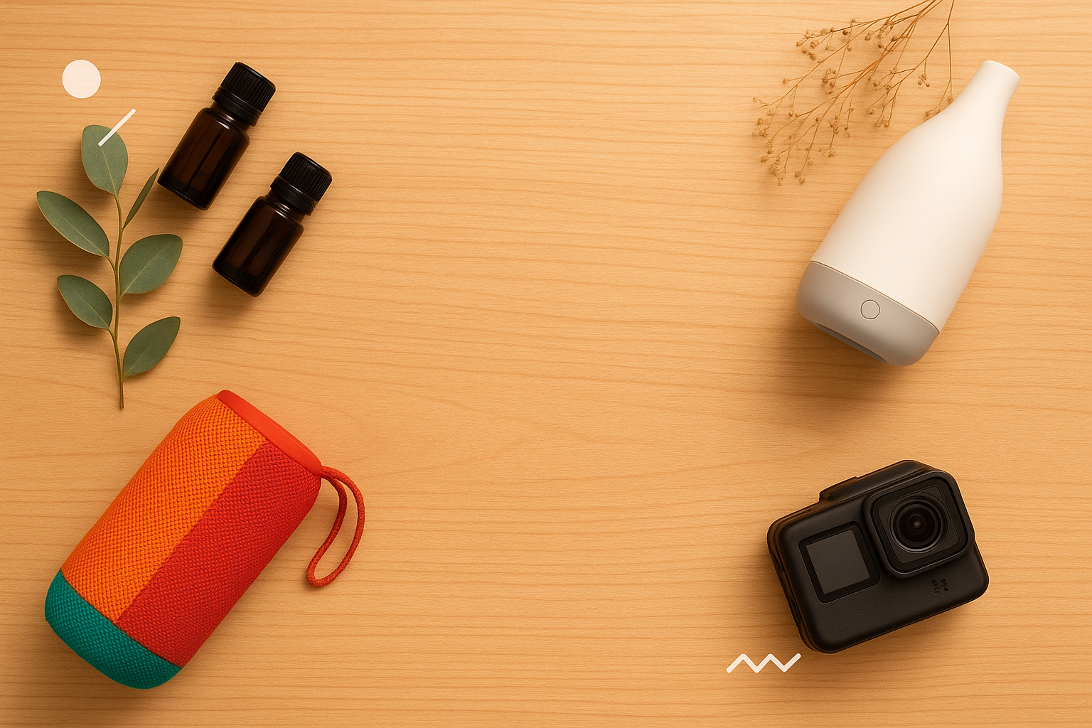 Collection of items including a white bottle, red and green case, black camera, and small bottles on a wooden surface. first top buyers website