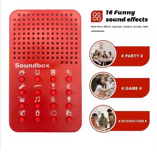 Red Soundbox with various buttons and sound effect icons on a white background