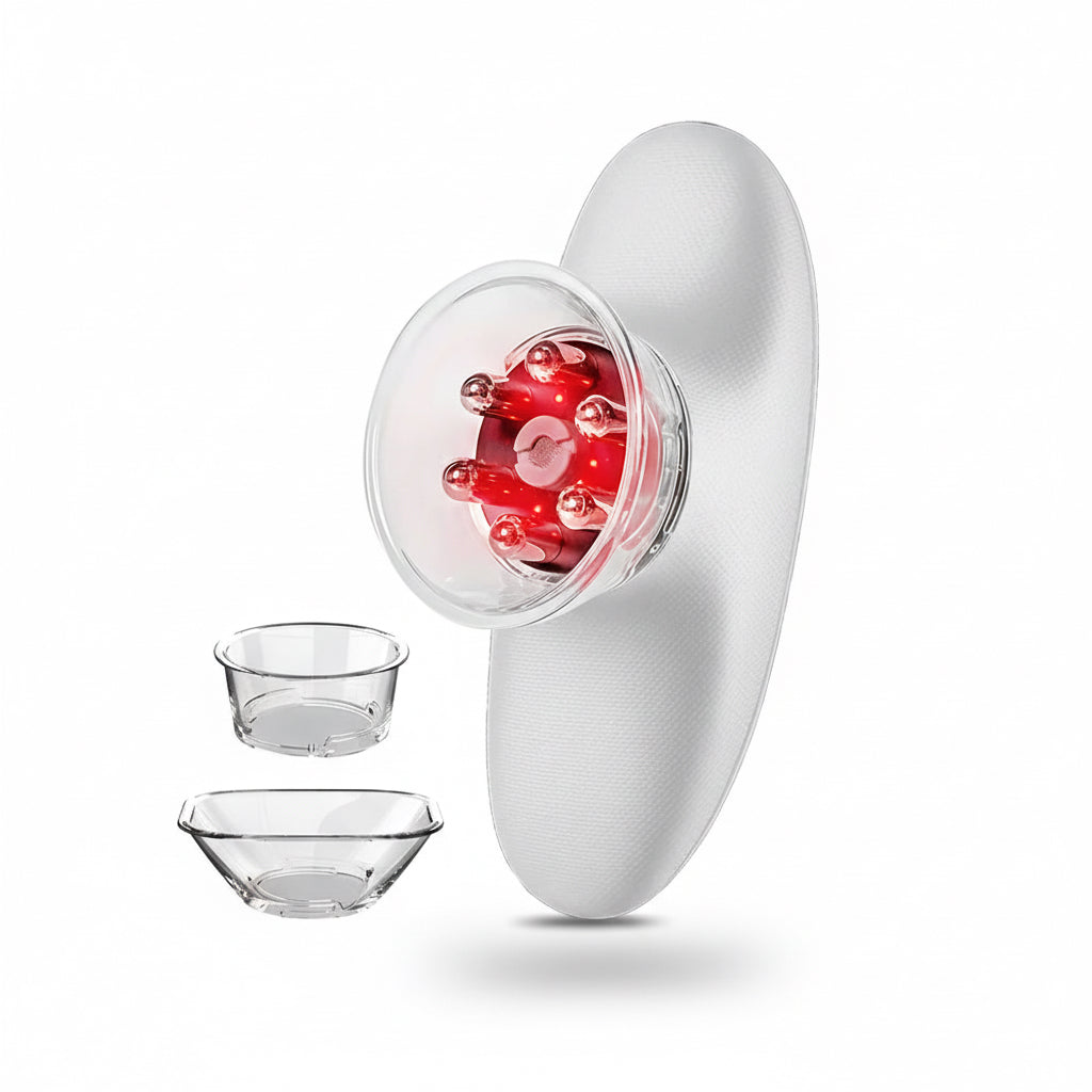 White Cellulite Massager Thermo Slim device with red interior, shown with a woman and bowls on a white background.