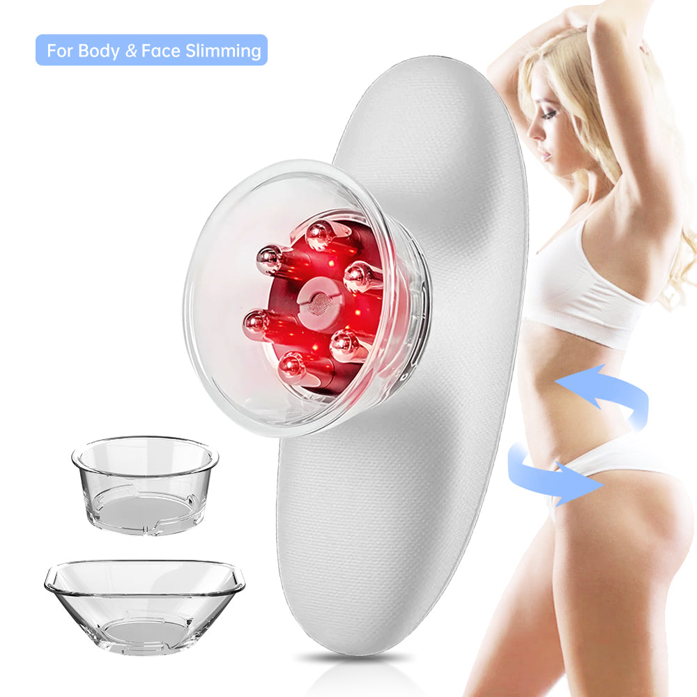White Cellulite Massager Thermo Slim device with red interior, shown with a woman and bowls on a white background.