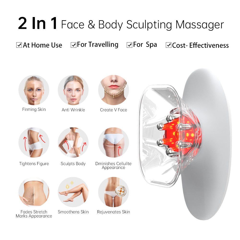 2 In 1 Face & Body Sculpting Thermo Slim Massager with features listed on a white background