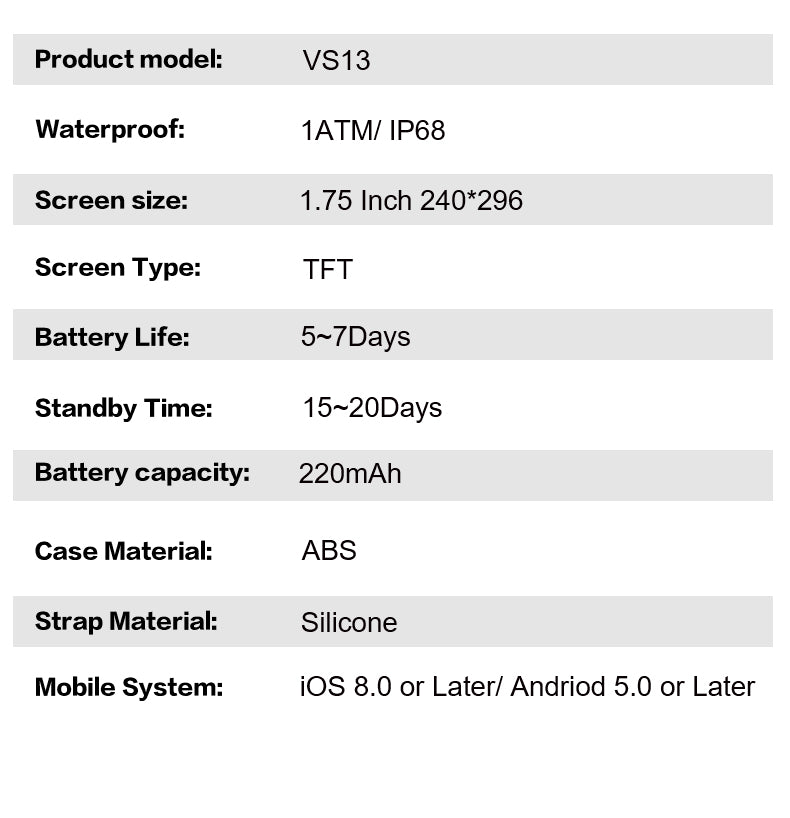 VS13 Smartwatch Ultra-thin and Lightweight Fitness Tracker Colorful Design Strong Battery Life