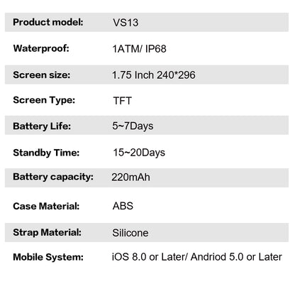 VS13 Smartwatch Ultra-thin and Lightweight Fitness Tracker Colorful Design Strong Battery Life