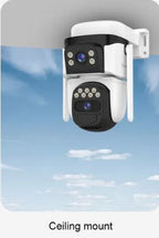 VStar CB621DB Dual Lens Security Camera on a ceiling mount with a blue sky background.