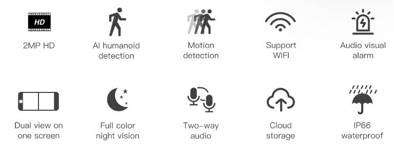 VStar CB621DB Dual Lens Security Camera features such as HD, AI humanoid detection, motion detection, support WiFi, audio visual alarm, dual view, full color night vision, two-way audio, cloud storage, and IP66 waterproof.