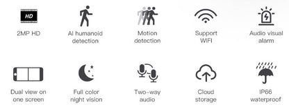 VStar CB621DB Dual Lens Security Camera features such as HD, AI humanoid detection, motion detection, support WiFi, audio visual alarm, dual view, full color night vision, two-way audio, cloud storage, and IP66 waterproof.