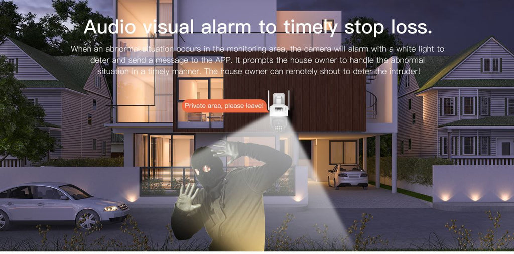 VStar CB621DB Dual Lens Security Camera system with audio visual alarm in a residential area