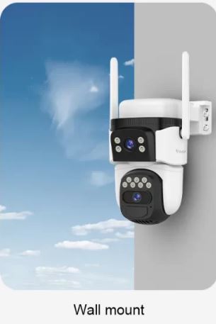 VStar CB621DB Dual Lens Security Camera mounted on a wall with a blue sky background