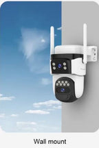 VStar CB621DB Dual Lens Security Camera mounted on a wall with a blue sky background