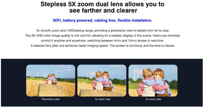 VStar CB67D Dual Lens wireless solar Security Camera  with text about stepless 5X zoom dual lens camera, showing panoramic, 3x, and 5x zoom views of children in a field.