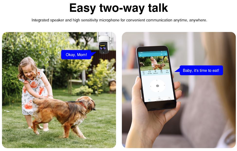 VStar CB67D Dual Lens wireless solar Security Camera Two-way communication device with child and dog outdoors and smartphone app interface.