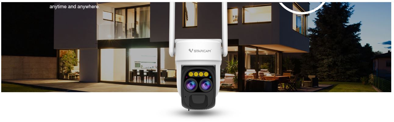 Front view of VStar CB67D Dual Lens wireless solar Security Camera  with night vision feature displayed in front of a house.