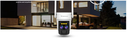 Front view of VStar CB67D Dual Lens wireless solar Security Camera  with night vision feature displayed in front of a house.