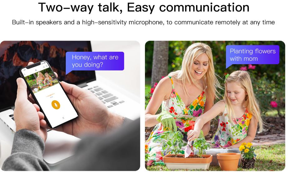 VStar CB69-TZ security camera feature Two-way communication device with smartphone app and two people in a garden.