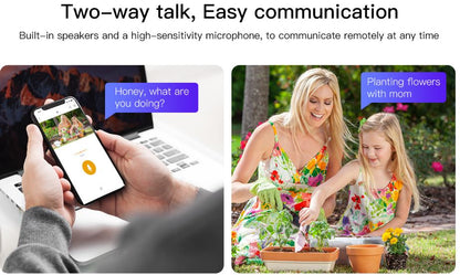 VStar CB69-TZ security camera feature Two-way communication device with smartphone app and two people in a garden.