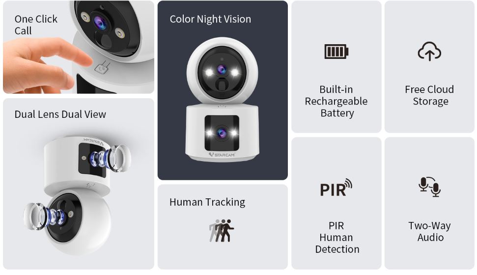 Smart VStar CB90DR Security Camera with features like color night vision, human tracking, and two-way audio on a white background.