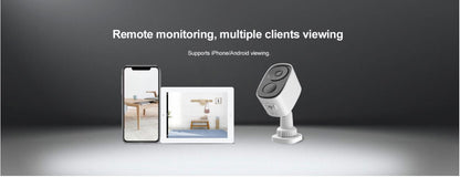 Smart home security camera Vstar CB54 with smartphone and tablet displaying footage on a dark background