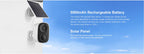 Wireless Vstar CB54 security camera with solar panel and battery text on a blue sky background