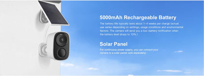 Wireless Vstar CB54 security camera with solar panel and battery text on a blue sky background