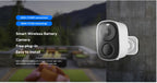 Vstar CB54 Smart wireless battery camera on a wall with text highlighting features.