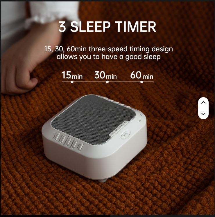 Sleep White Noise Sound Machine  device on a textured surface with text indicating timing options.