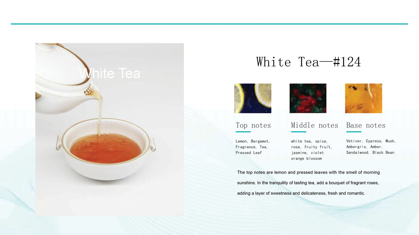 White tea fragrance description  on a light blue background