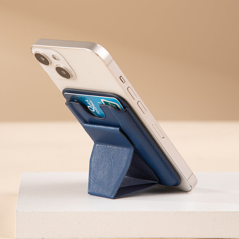 Phone case with card holder attached to a phone on a beige background