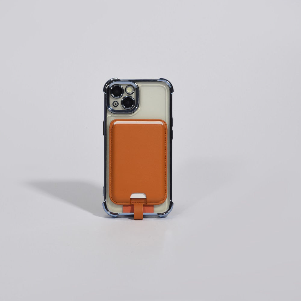 Phone case with a magnetic orange card holder on a light gray background