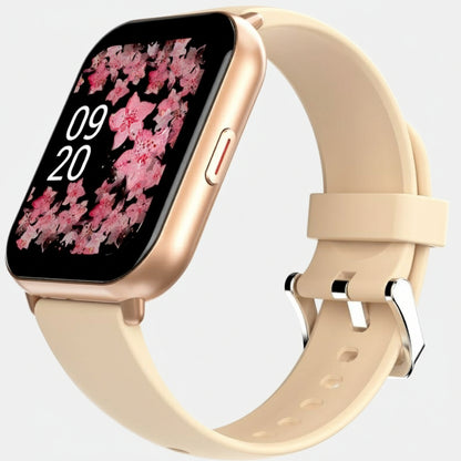 Side view rose Gold Zone 2 Smart Watch with a white band on a white background