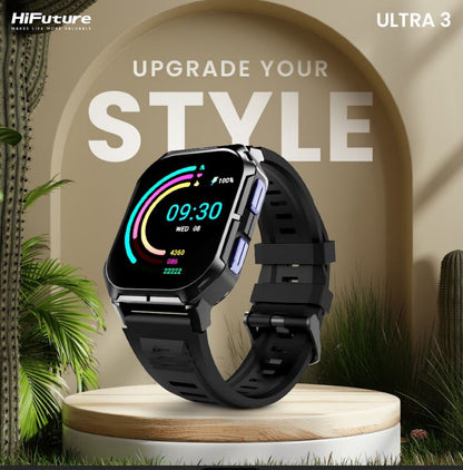 Ultra Zone 2 Smartwatch on a wooden platform with 'HiFuture' branding and promotional text 'upgrade your style'.
