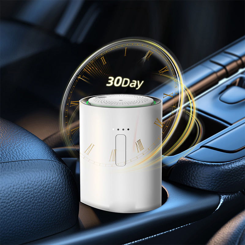 white J03 Car air freshener, placed in a car's cup holder.