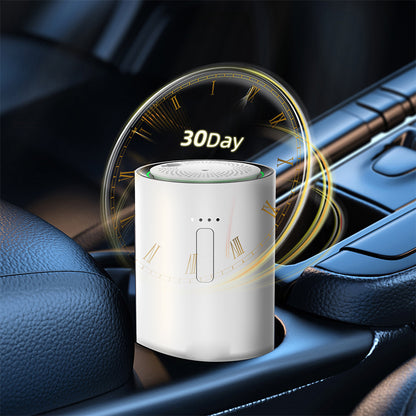 white J03 Car air freshener, placed in a car's cup holder.